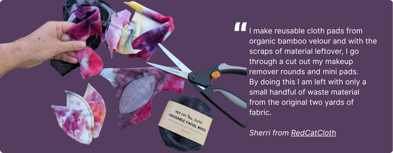 Hands cutting tie dye fabric scraps into reusable cloth pads and makeup remover rounds