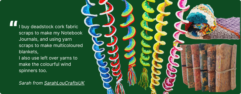 Crochet wind spinners and cork fabric journals made from yarn scraps
