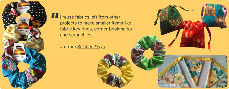 Handmade scrunchies and drawstring bags made from leftover fabric scraps