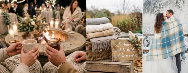 Collage of cozy winter wedding details: guests toasting with warm mugs around a fire pit with candles, a rustic basket with folded blankets and a wooden sign reading "To have and to hold, and keep warm", and a couple wrapped in a plaid blanket in the snow