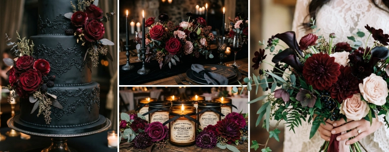 Collage of dark romance winter wedding details: black tiered wedding cake with burgundy roses, candlelit table with dark florals and black candelabras, apothecary-style candle favors with vintage labels, and a moody bridal bouquet with burgundy dahlias and blush roses