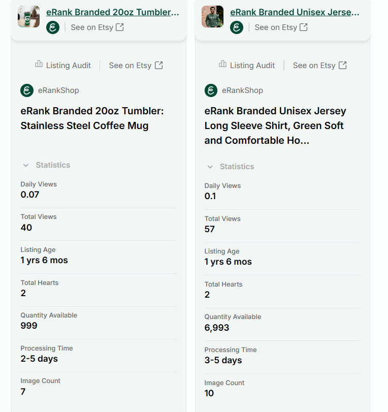 eRank Compare Listings tool showing two Etsy listings side by side with performance statistics including views, hearts, and processing time