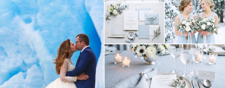 Collage of icy blue winter wedding details: couple kissing in front of a glacier wall, pale blue wedding stationery suite with wax seal, bridesmaids in powder blue gowns with white bouquets, and a candlelit silver and crystal table setting
