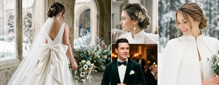 Collage of winter bridal fashion trends 2026: bride in a structured gown with oversized bow at the back and long veil, bride with an elegant updo and gold hair comb, groom in a forest green tuxedo with black bow tie, and bride wearing an ivory bridal cape with a winter bouquet