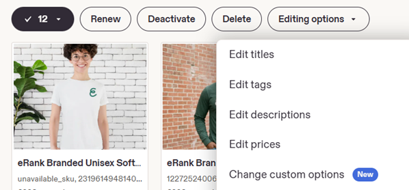 Screenshot from Etsy's Listings Seller Dashboard page. Highlighted is a "Change custom options" menu button.