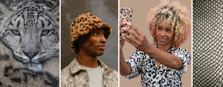 Fall 2026 animal print trend for Etsy sellers, featuring snowy leopard pattern, leopard print accessories, and snakeskin texture