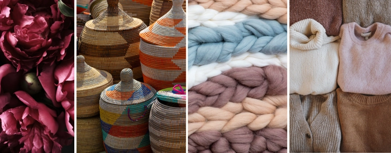 Fall 2026 color palette and textures for Etsy sellers, from plum florals to woven baskets and chunky knit yarn