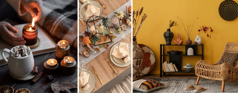 Cozy fall 2026 home decor trend for Etsy sellers, with candlelit self-care moments, an autumn table setting, and warm handmade decor