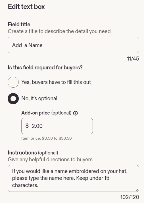 Screenshot from Etsy's Listing Builder, showing some of the Personalization options.
