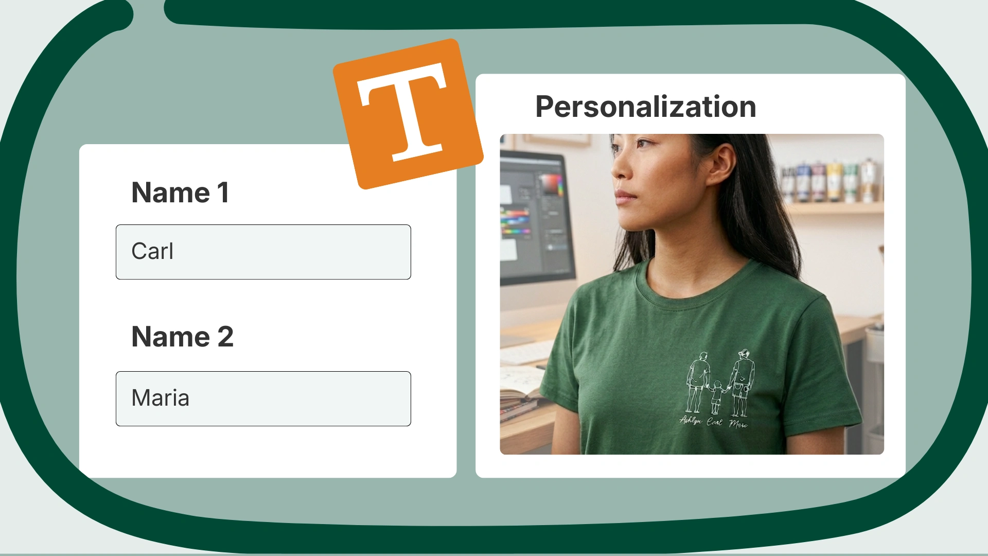 Etsy personalization text fields for Name 1 and Name 2 next to a custom t-shirt with embroidered family names, showing what personalization looks like on an Etsy listing