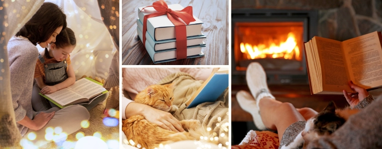 Bookish gifts to sell on Etsy: a parent and child reading under fairy lights, a stack of books tied with a red ribbon, a cat sleeping next to an open book, and a reader by the fireplace
