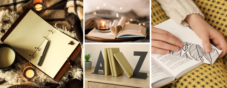 Bookish products to sell on Etsy: a leather journal with candles, a book folded into a heart shape, alphabet bookends, and a hand placing a decorative bookmark in an open book