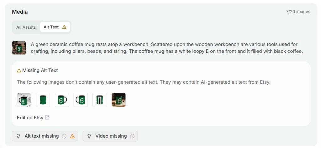 Screenshot of eRank's Listing Audit tool showing an Etsy listing image with alt text already added, alongside six images flagged as missing alt text