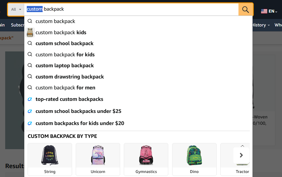 Amazon's drop-down menu showing suggestions related to the search "custom backpack."