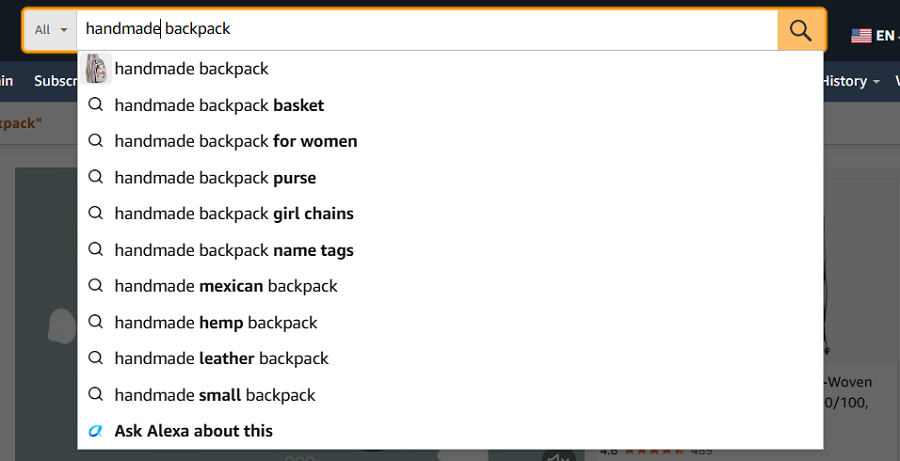 Amazon's drop-down menu showing suggestions related to the search "handmade backpack."