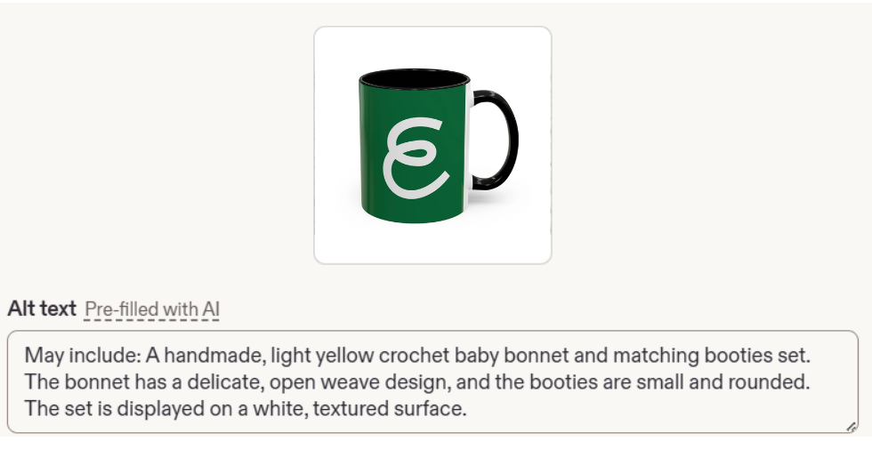 A mockup of the Alt Text editor within Etsy's Listing Builder. The product image is a green coffee mug, while the descriptive text is for a yellow crochet hat and bootie set. This illustrates potential mismatch between image and alt text.