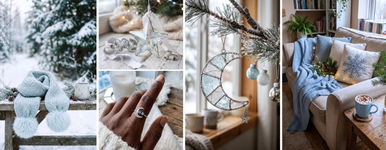 The new blue and silver look, one of the 2026 holiday trends for Etsy sellers: an icy blue knit scarf in the snow, a glass star ornament with pearls, a crescent moon ring, a stained glass moon ornament, and pale blue textiles on a sofa