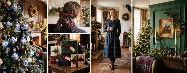 Classic Heritage, one of the 2026 holiday trends for Etsy sellers: a tree with blue and white chinoiserie ornaments, a tartan hair bow, tartan-wrapped gifts with leather tags, a tartan dress, and equestrian art above a candlelit mantel