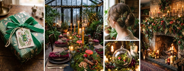 Enchanted Winter Garden, one of the 2026 holiday trends for Etsy sellers: a gift with a beetle tag and velvet ribbon, a candlelit greenhouse table with mushroom decor, a moth hair clip, a glass terrarium ornament, and a fireplace garland with fungi and dried fruit