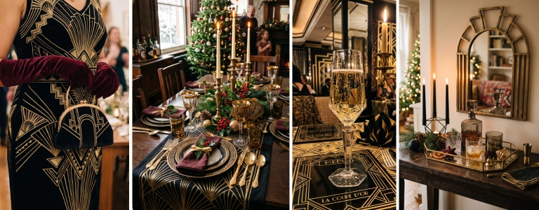 Glamorous Entertaining, one of the 2026 holiday trends for Etsy sellers: an Art Deco dress with velvet gloves, a candlelit dinner table with gold chargers and velvet napkins, a glass of champagne, and a home bar with vintage glassware