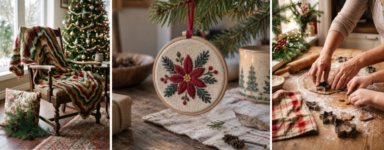 Heirloom Holidays, one of the 2026 holiday trends for Etsy sellers: a crochet blanket on a wooden chair, an embroidered poinsettia ornament, and family holiday baking with a gingham cloth