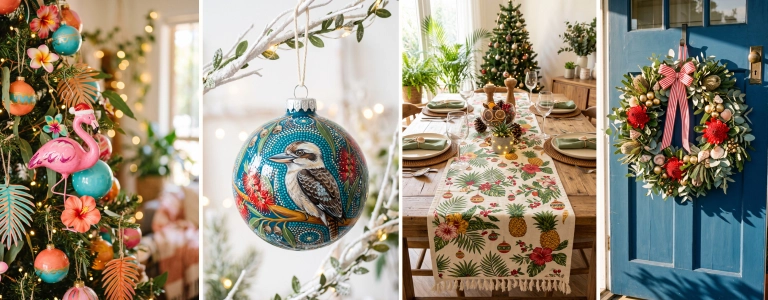 Tropical Summer Holidays, one of the 2026 holiday trends for Etsy sellers: a tree with flamingo and hibiscus ornaments, a hand-painted kookaburra bauble, a summer table with a pineapple print runner, and a tropical flower wreath on a blue door