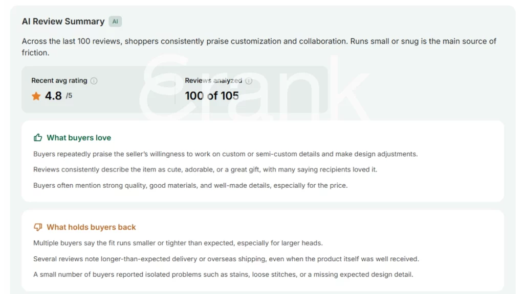 eRank AI Review Summary showing the recent average rating, what buyers love, and what holds buyers back, used for Etsy competitor research.