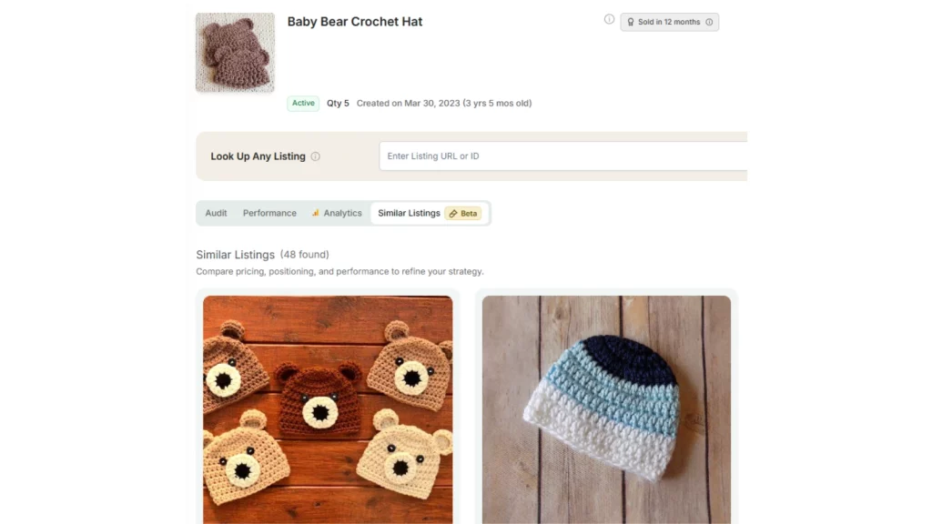 eRank Listing Audit with the Similar Listings tab open for a crochet baby hat, used for Etsy competitor research.